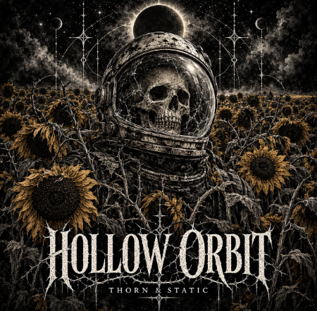 Hollow Orbit: a skull inside a cracked astronaut helmet in a faded sunflower field beneath an eclipsed sun