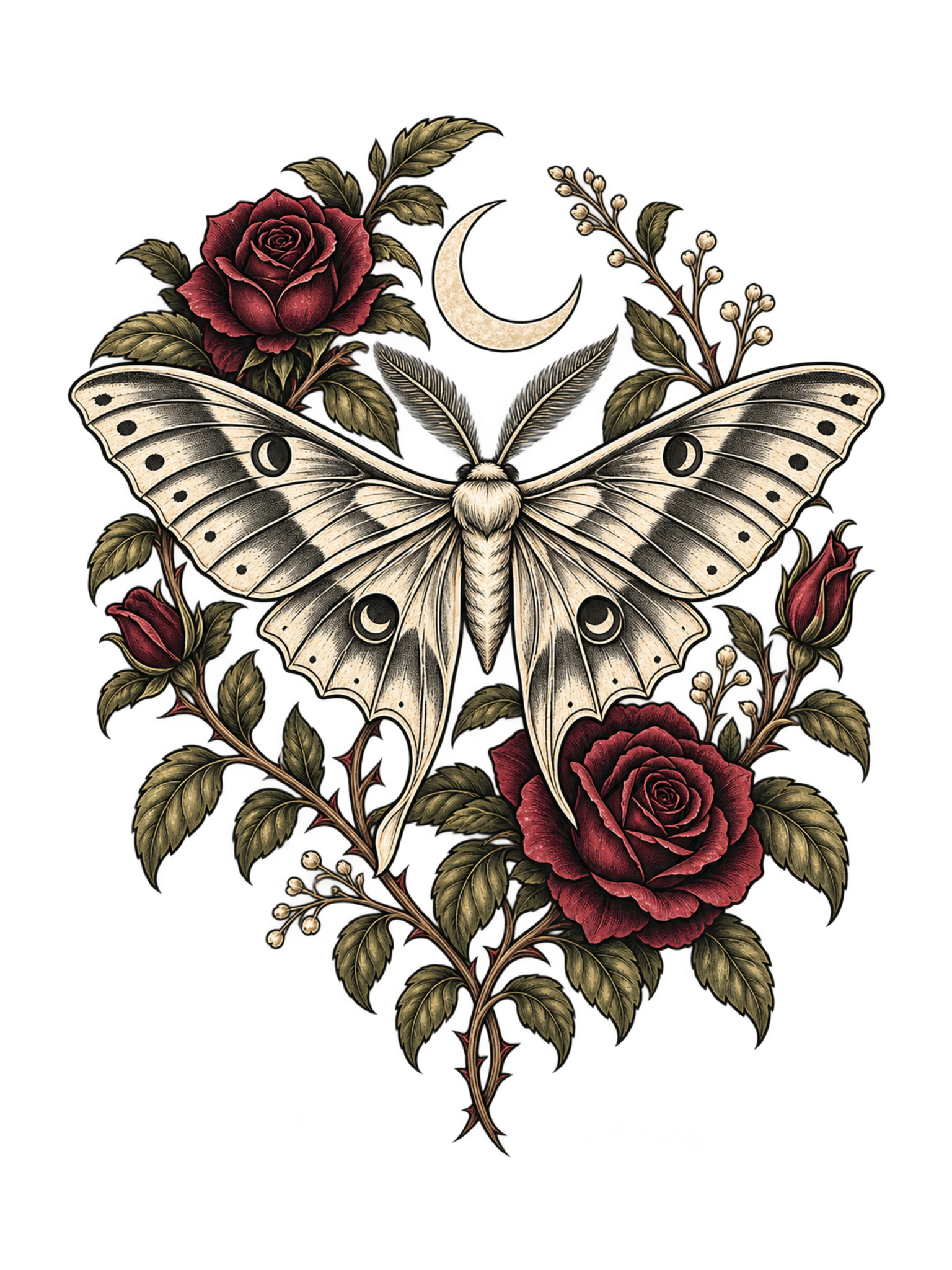 An ivory luna moth framed by burgundy roses, botanical vines and a crescent moon